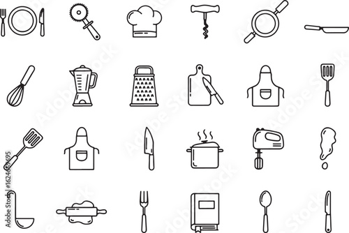 Kitchen utensils and cooking equipment chef hat, kitchen, utensils, cooking, equipment, chef hat, whisk, blender, grater, knife, cutting board, apron, spatula, pan, pot, mixer, ladle, rolling pin, for