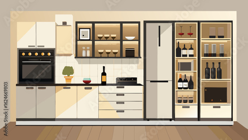 Vector art of sleek and functional kitchen design with stainless steel appliances, custom cabinetry, and illuminated display shelves, embodying modern living