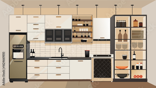 Vector art of contemporary kitchen layout featuring integrated appliances, ample storage, and decorative shelving, creating a sophisticated and inviting atmosphere