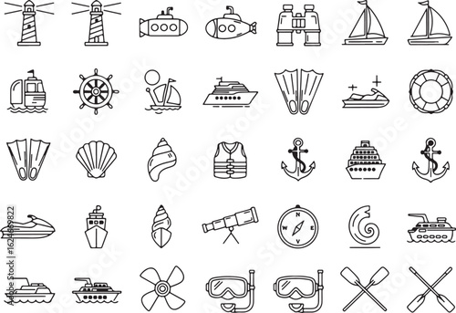 Nautical maritime transportation and equipment icons, nautical, maritime, transportation, equipment, icons, lighthouse, submarine, binoculars, sailboat, ferry, ship, steering wheel, snorkel, mask, fin