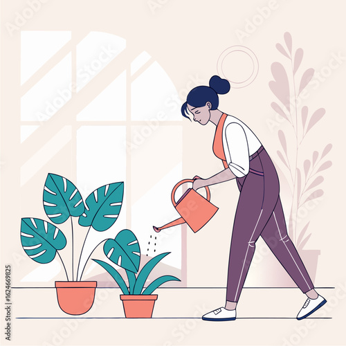 A woman watering houseplants in a bright living room