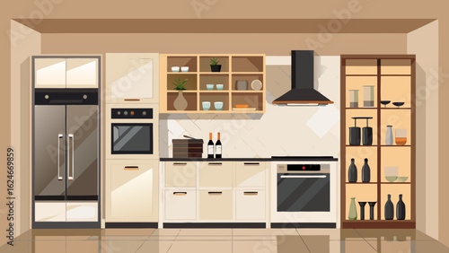 Vector art of stylish modern kitchen interior showcasing contemporary design, complete with cabinets, countertops, appliances, oven, stove, and refrigerator