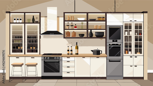 Vector art of modern kitchen interior design with contemporary furniture, cabinets, countertops, and appliances including oven, stove, and refrigerator