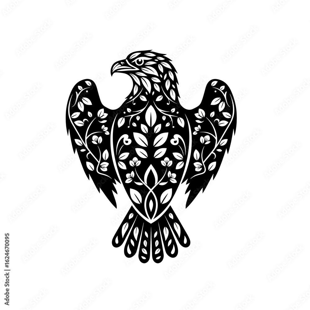 Obraz premium Black and White Eagle with Floral Pattern Design.