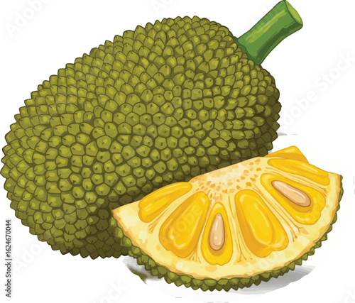 Detailed vector illustration showcasing a whole jackfruit alongside a sliced piece revealing its vibrant yellow pulp and seeds against a white backdrop