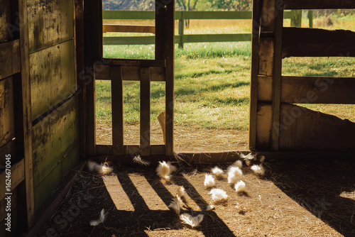 Empty chicken coop door open to green pasture, sunlight casting long shadows, feathers on the ground