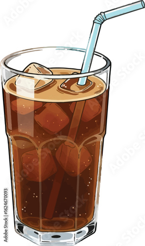 Refreshing iced coffee served in a tall glass with ice cubes and a blue straw, perfect for a hot summer day, offering a cool and invigorating beverage