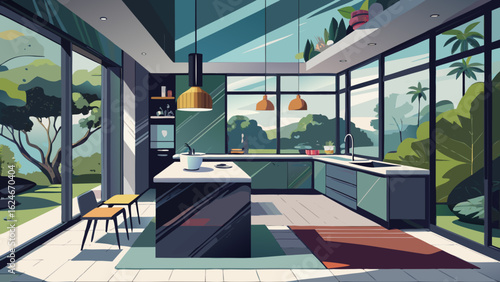Vector art of modern minimalist kitchen interior design with large windows showcasing a lush green garden view and natural sunlight creating a bright and spacious atmosphere