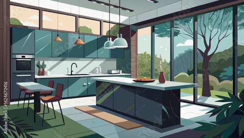 Vector art of modern kitchen interior with island, sleek cabinets, and large windows offering a view of a lush garden and trees on a sunny day, showcasing contemporary home design