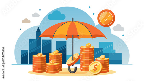 Vector art of financial security and investment growth concept with stacks of coins protected by an umbrella against a backdrop of city skyline and charts