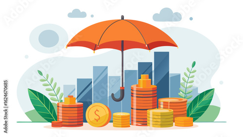 Vector art of financial security and investment growth concept with stacks of coins protected by an umbrella against a backdrop of city skyline and charts