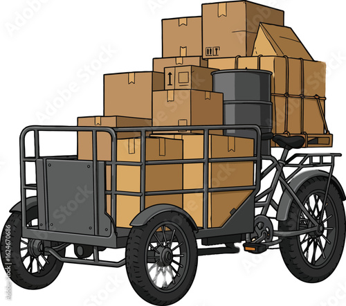 Heavily loaded cargo tricycle with boxes, pallets and barrel, ready for delivery services, flat vector design and illustration