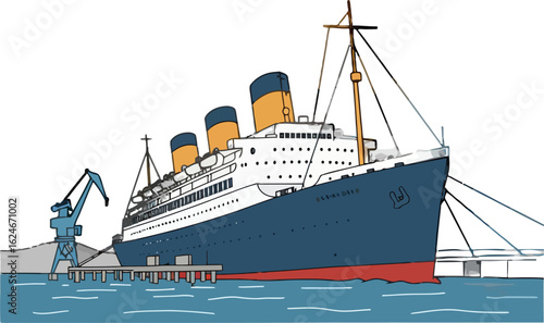 Large ocean liner docked at pier with crane, vintage ship illustration, nautical scene with maritime transport and water