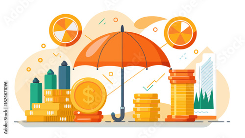 Vector art of financial growth and investment protection illustrated with coins under an umbrella, representing economic stability and secure capital, isolated on white background