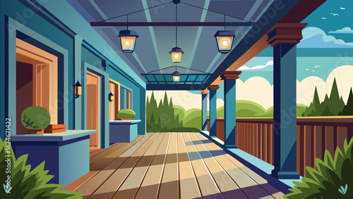 Vector art of a serene and peaceful porch with a view of a dense forest and rolling hills, illuminated by lamps and sunlight casting long shadows