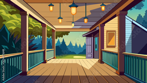 Vector art of a spacious wooden porch with multiple hanging lanterns and a view of a vibrant green forest and open field under a bright sky