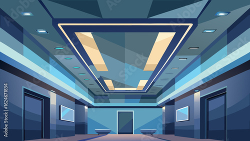 Vector art of modern architectural interior hallway with a unique geometric ceiling design, illuminated by blue and yellow lights, offering a sleek and sophisticated perspective