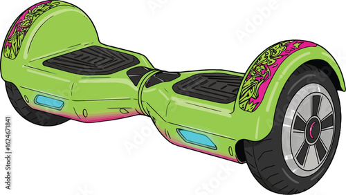 A vibrant green hoverboard with eye-catching pink and green dragon designs, featuring black footpads and wheels, showcasing modern technology and style