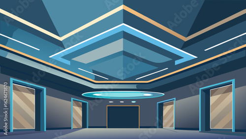 Vector art of futuristic interior lobby with multiple doorways and a geometric ceiling featuring blue and gold accents, evoking a modern and hightech atmosphere