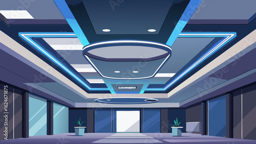 Vector art of modern futuristic interior hallway with geometric ceiling design and blue neon lighting, creating a sleek and sophisticated architectural space
