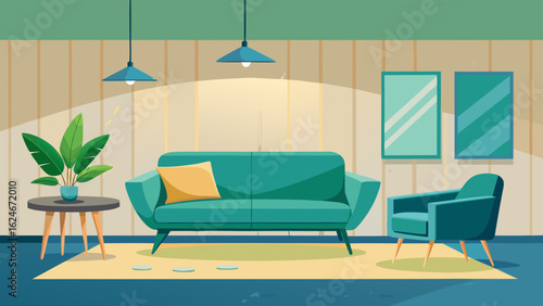 Vector art of stylish modern living room interior featuring a teal sofa, armchair, pendant lights, and a plant on a side table, evoking a chic and inviting ambiance