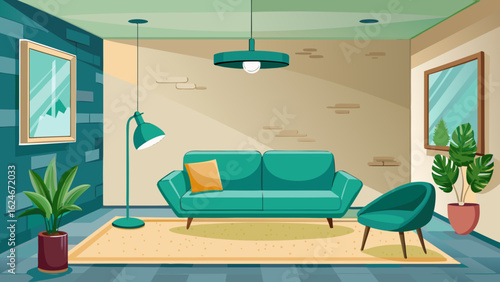 Vector art of modern living room interior design with a teal sofa, armchair, floor lamp, and potted plant, creating a stylish and comfortable home atmosphere