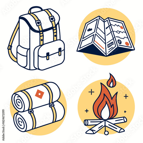 Camping equipment illustration with backpack, map, sleeping bag and bonfire