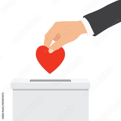Donation box and charity concept. Hand putting red heart to donation box