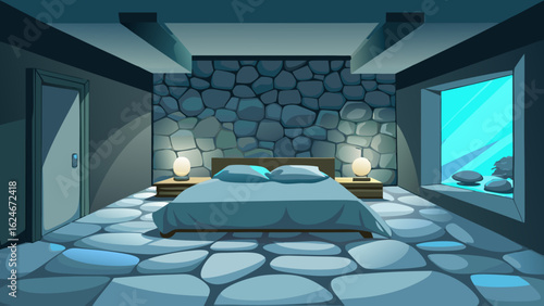 Vector art of a tranquil bedroom featuring a bed, nightstands with lamps, a stone wall, and a window with a vibrant blue view, offering a peaceful retreat