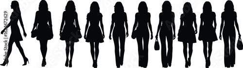 Fashion silhouettes, stylish women, various poses, high heels, trendy outfits, handbags, elegance, street style, modern chic, walking, standing, posture, attitude, fashion design