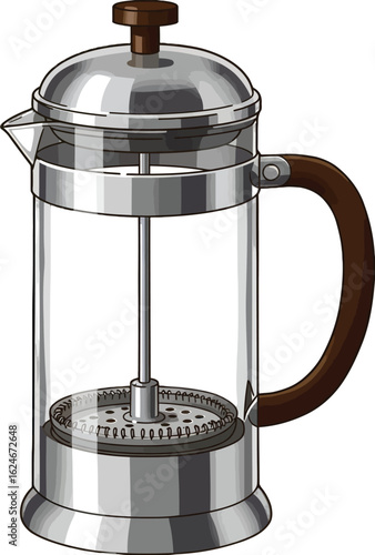 Detailed vector illustration showcasing a French press coffee maker with a glass body and stainless steel accents, perfect for coffee enthusiasts