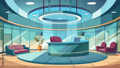 Vector art of modern office reception desk with seating area and large windows, contemporary business lobby interior design