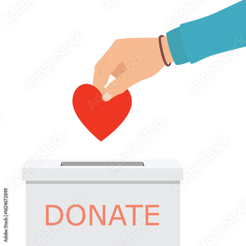 Donation box and charity concept. Hand putting red heart to donation box