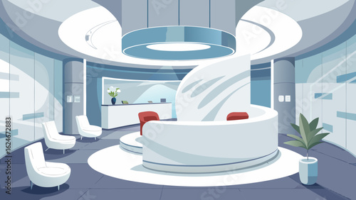 Vector art of modern office reception area with a curved desk, comfortable seating, and contemporary lighting, creating a welcoming business environment