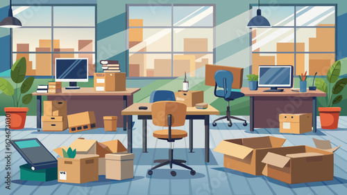 Vector art of an empty office space filled with moving boxes and office supplies, suggesting a business relocation or new office setup