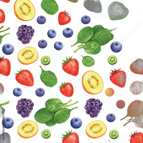 Fresh and Vibrant Fruit and Vegetable Medley A Colorful Array of Strawberries, Blueberries, Blackberries, Spinach, and Golden Berries in Watercolor Style