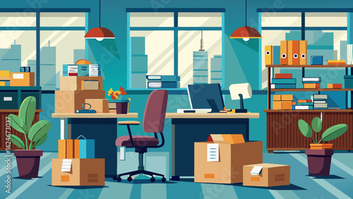 Vector art of an office environment prepared for moving, featuring desks, computers, plants, and stacks of cardboard boxes, symbolizing business transition