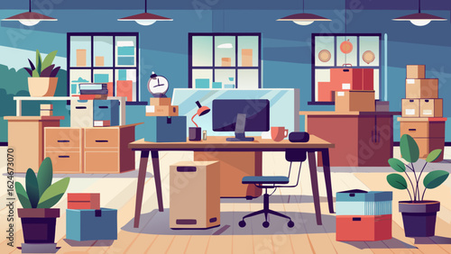 Vector art of modern office interior with packed boxes and furniture, suggesting a move or relocation, ready for a new beginning