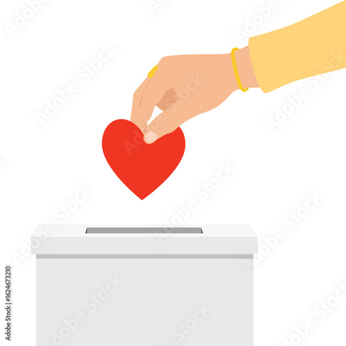 Donation box and charity concept. Hand putting red heart to donation box