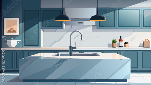 Vector art of a modern kitchen interior with sleek blue cabinets, a large island with a sink and faucet, and stylish pendant lighting casting shadows