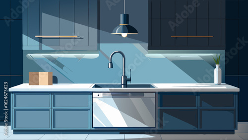 Vector art of sleek modern kitchen design showcasing blue cabinets, a stainless steel dishwasher, and ambient shelf lighting, embodying a clean and sophisticated aesthetic