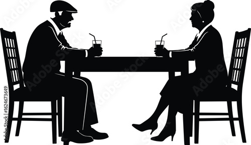 Business professionals seated indoors, formal attire, silhouette scene, discussing ideas over drinks, elegant monochrome composition, timeless corporate meeting moment