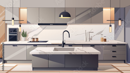 Vector art of stylish modern kitchen featuring a central island, integrated appliances, marble surfaces, and elegant lighting, embodying contemporary home living