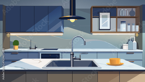 Vector art of modern kitchen interior with sleek cabinets, marble countertop, sink, faucet, and ambient lighting, showcasing contemporary home design and decor