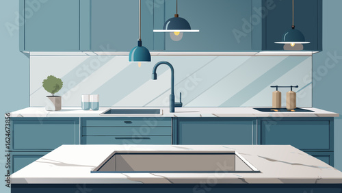 Vector art of modern kitchen interior design with island, sink, faucet, cabinets, marble countertops, and pendant lighting, showcasing a clean and minimalist aesthetic