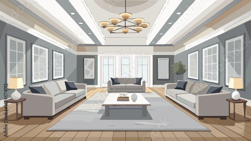 Vector art of spacious and elegant modern living room interior design with comfortable sofas, stylish furniture, and natural light creating a luxurious and inviting atmosphere