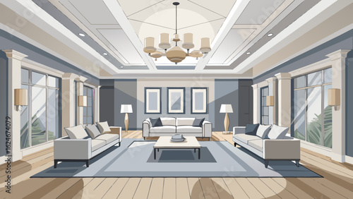 Vector art of elegant and spacious modern living room interior design with plush sofas, sophisticated furniture, and architectural details creating a luxurious ambiance