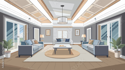 Vector art of stylish and modern living room interior with comfortable sofas, coffee table, rug, and large windows, featuring elegant lighting and tasteful wall art for a welcoming ambiance