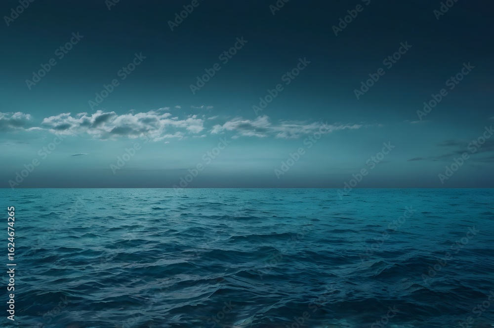 Obraz premium Vast Ocean Under Cloudy Sky in Deep Blue Tones with Calm Water and Overcast Atmosphere