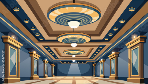 Vector art of elegant and ornate hallway with a long perspective, featuring decorative lighting and architectural details, creating a sense of grandeur and luxury in a modern building interior